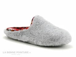 Ouf TALIFE Gris - Pantoufle Mule Femme En Peluche - Lisere Ecossais