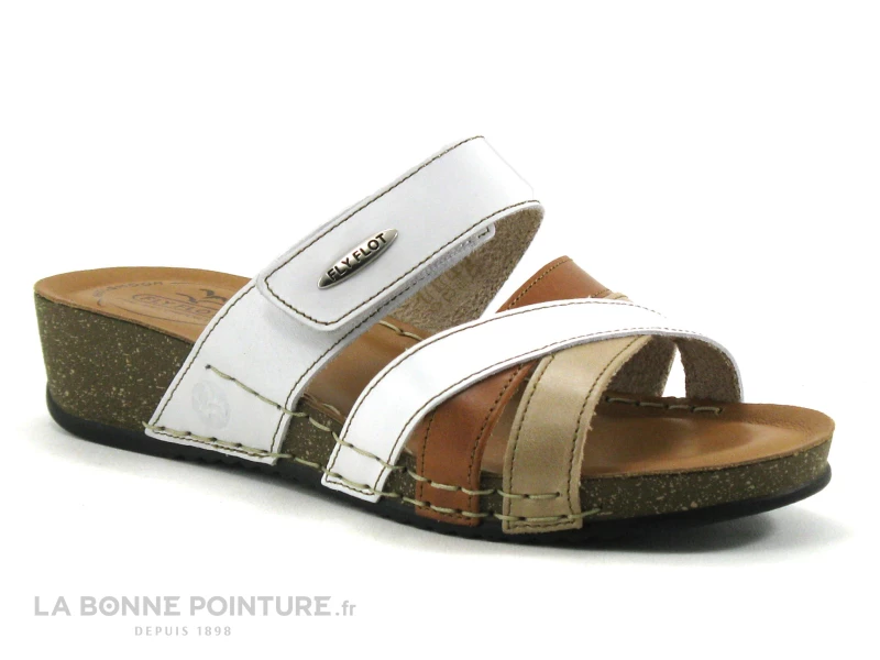Fly Flot FLAMINGO Blanc Marron Beige - Mule Talon Compense 3 Fly Flot FLAMINGO Blanc Marron Beige - Mule Talon Compense