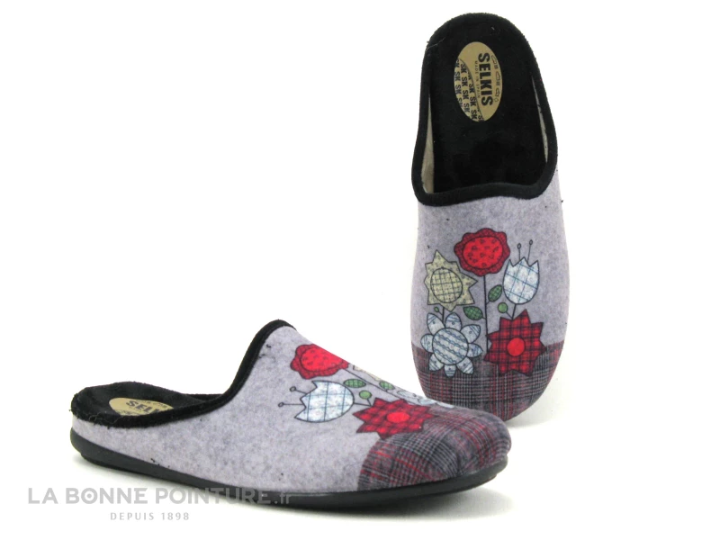 Selkis 22340 - Gris - Fleurs Multicolores - Pantoufle Mule Femme 3 Selkis 22340 - Gris - Fleurs Multicolores - Pantoufle Mule Femme